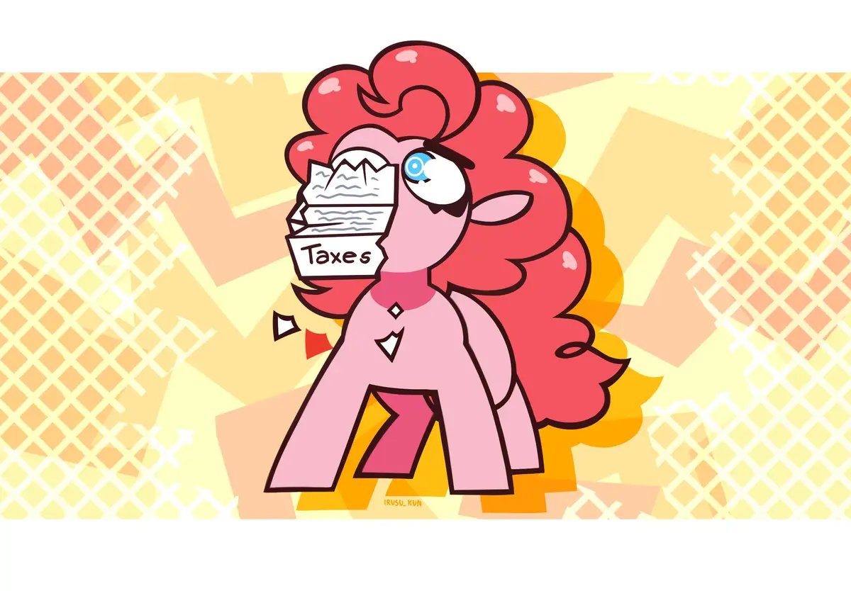 A cartoon pink pony with a large red mane and blue eye is shown with a stack of papers labeled 'Taxes' obscuring its face…