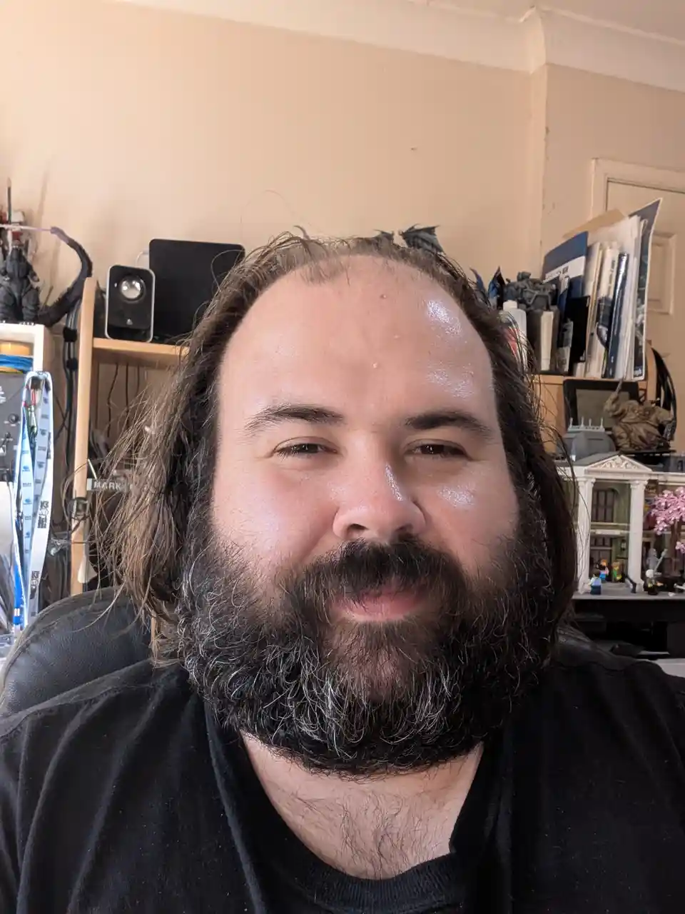 A man with a full beard and receding hairline looks directly at the camera with a slight smirk. His hair is thinning…