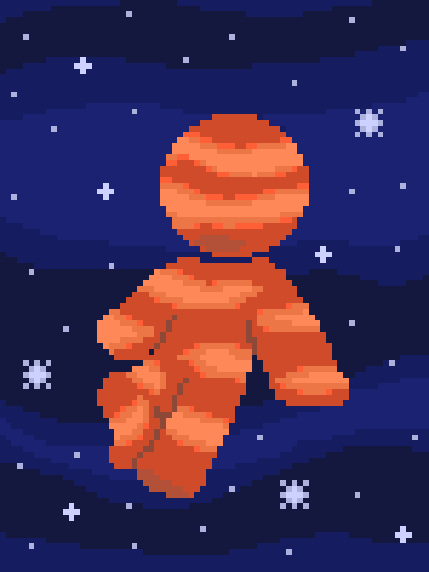 A pixel art image shows a large, orange, muscular humanoid figure floating in a dark blue starfield with white stars. The…