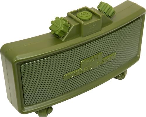 A green, military-style portable speaker with knobs and wheels, featuring the embossed text 'FRONT TOWARD PARTY' on its…