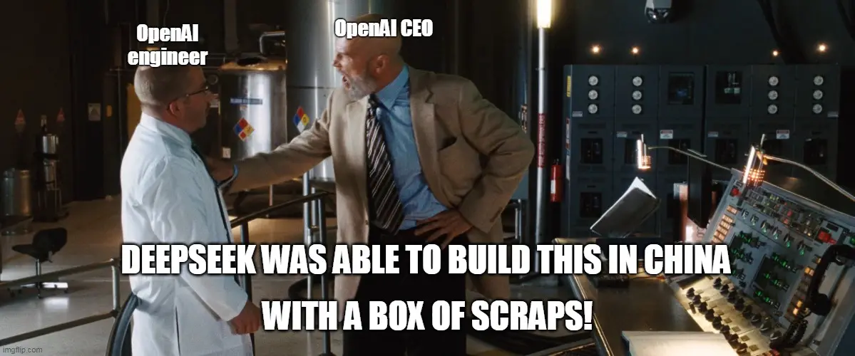 Two men stand in a high-tech lab; one in a lab coat labeled 'OpenAI engineer' and the other in a suit labeled 'OpenAI CEO'…