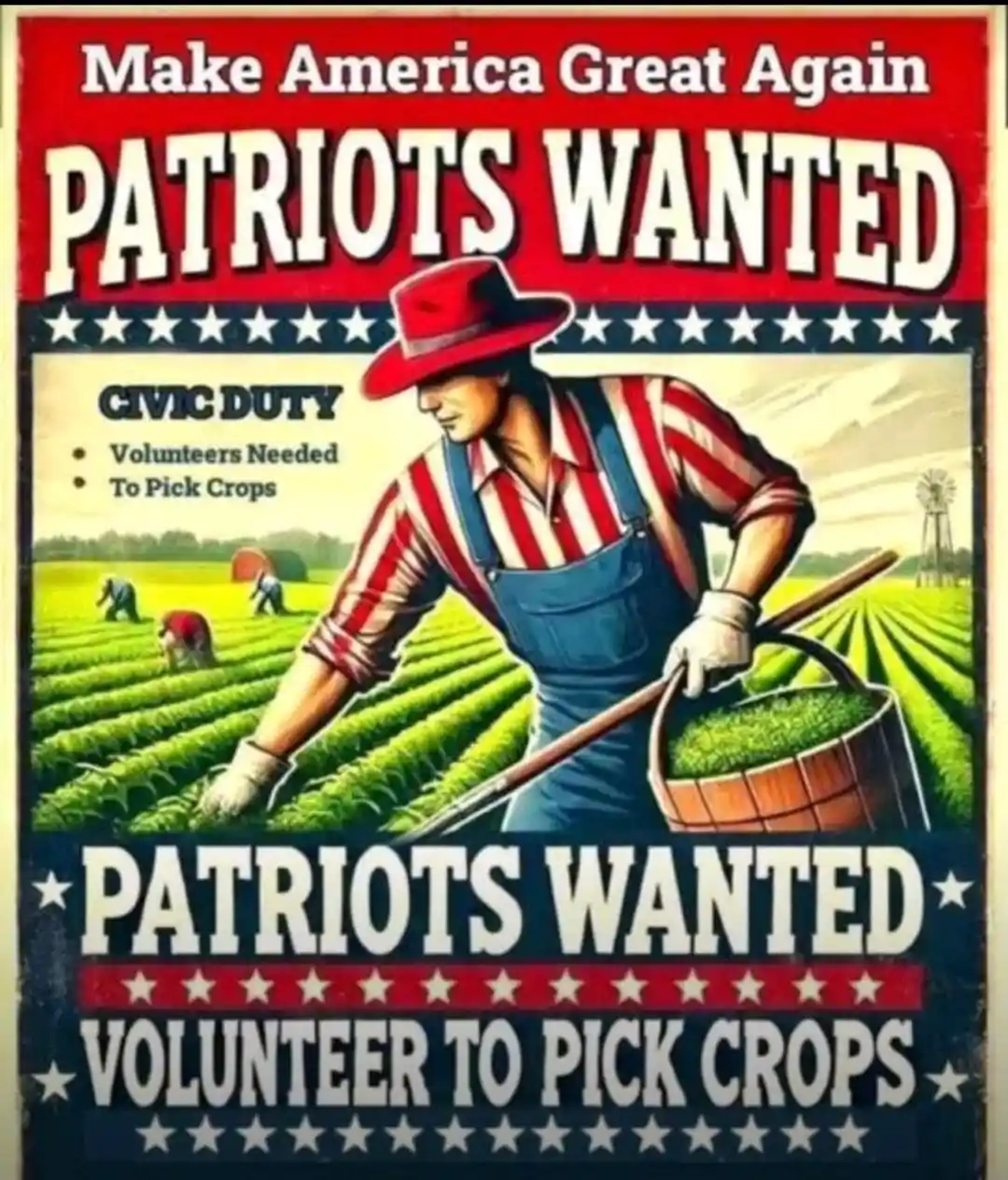A vintage-style American recruitment poster features a man in a red hat, red-and-white striped shirt, and blue overalls…