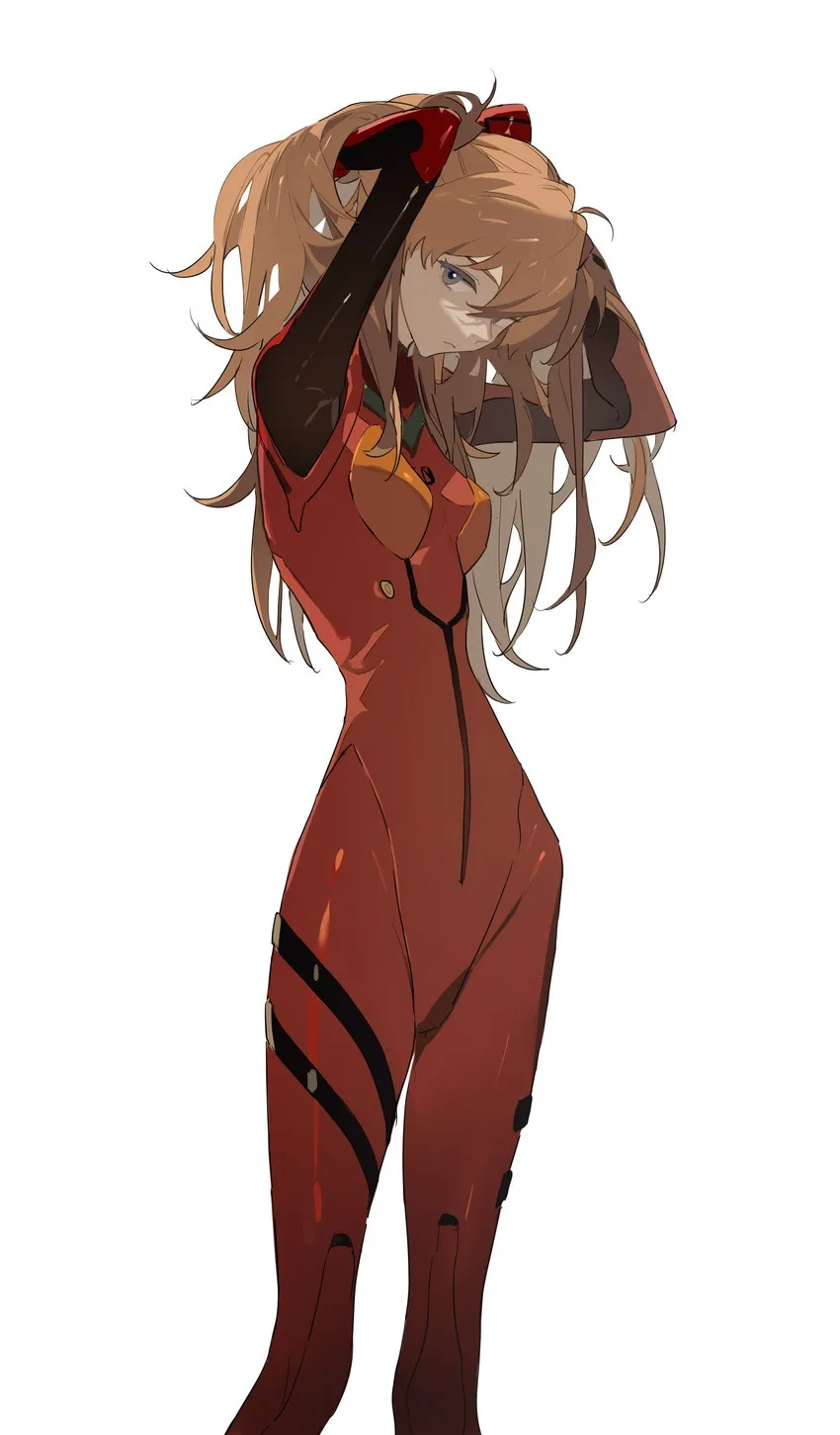 An anime girl with long brown hair and red ribbons in her pigtails wears a red, form-fitting bodysuit with black straps and…