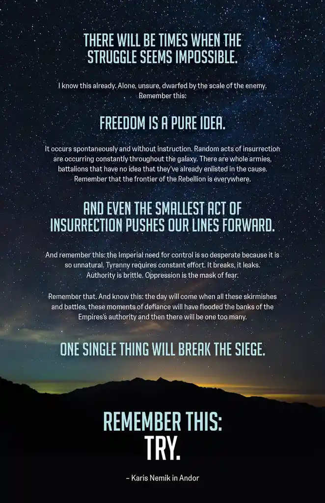 The image displays a starry night sky over a mountain silhouette, overlaid with a motivational quote attributed to Karis…