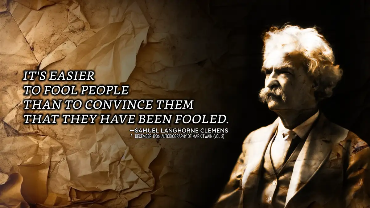 A sepia-toned image features a portrait of Mark Twain (Samuel Langhorne Clemens) looking pensively to the side, set against…