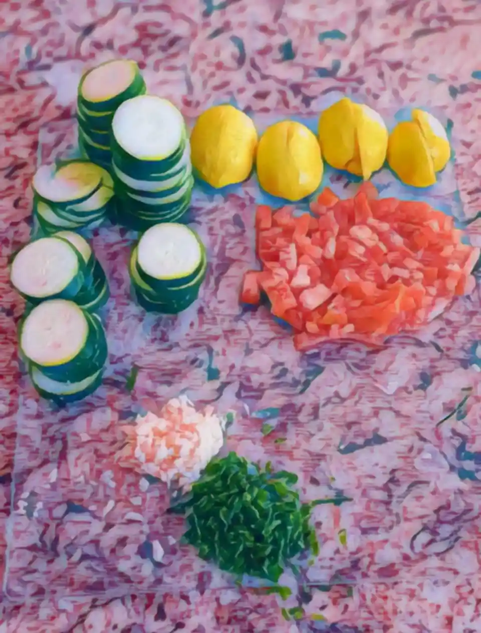 An overhead view of chopped vegetables including stacked zucchini rounds, halved lemons, diced tomatoes, shredded cheese…