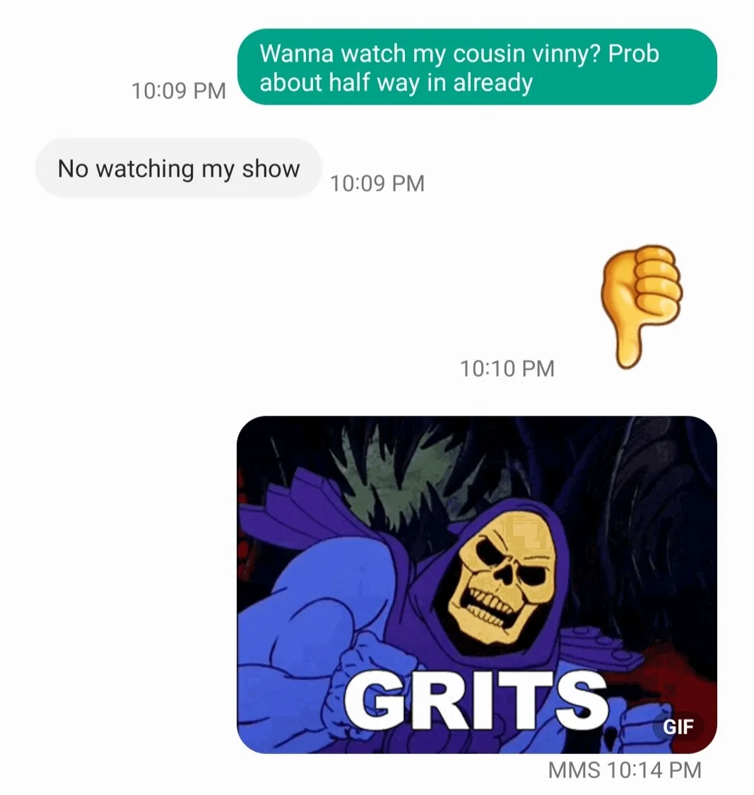 A screenshot of a text conversation shows one person inviting another to watch 'My Cousin Vinny' and mentioning they're…
