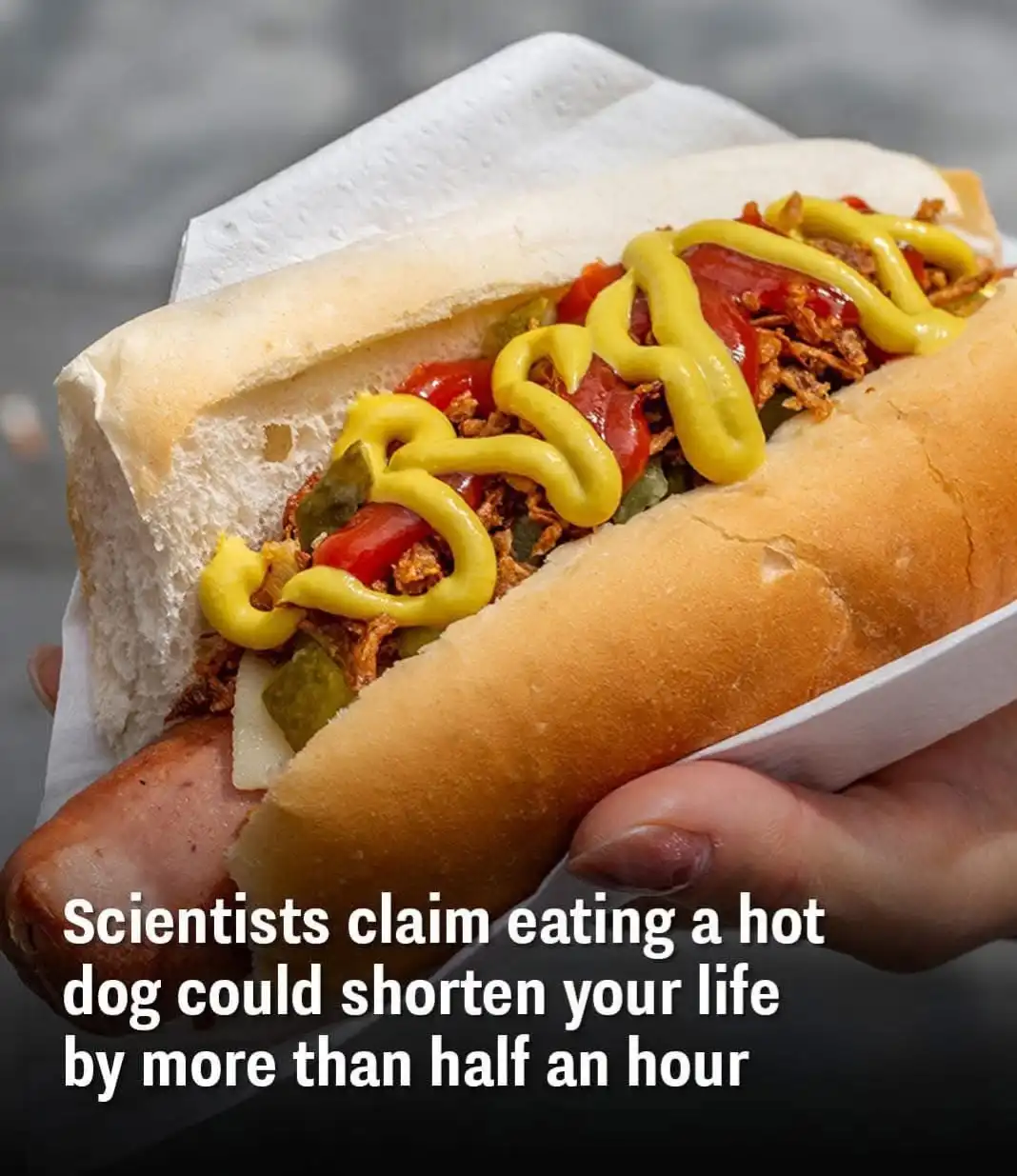 A close-up photo shows a hand holding a hot dog in a bun, topped with mustard, ketchup, relish, and shredded meat, resting…