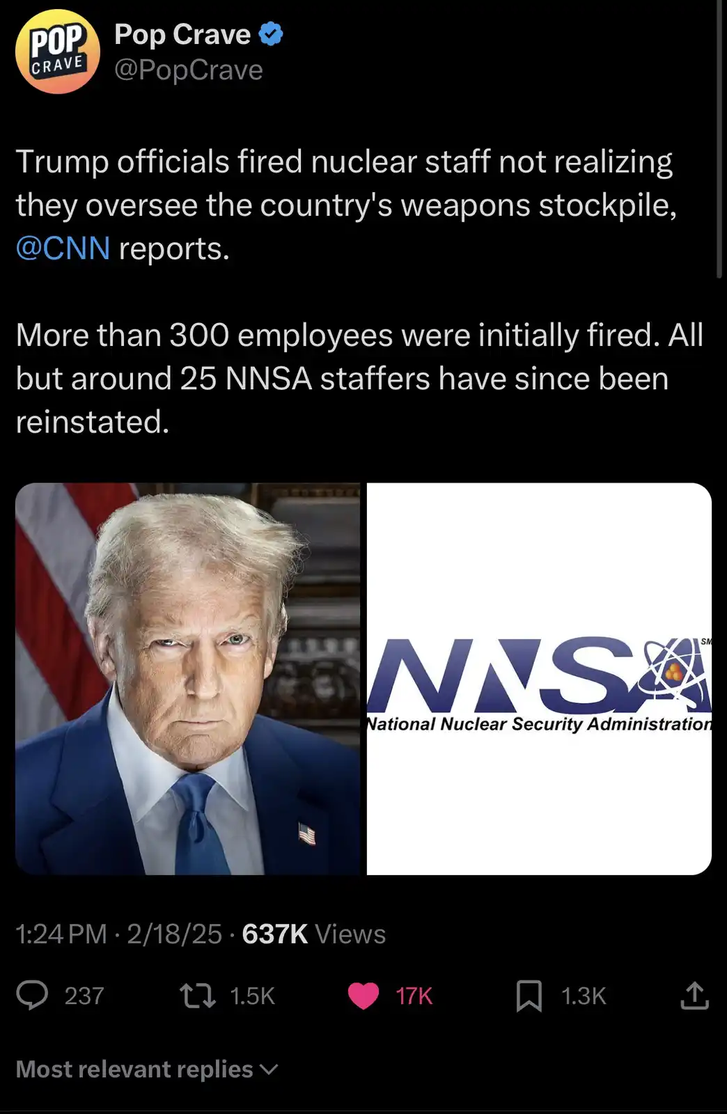 A screenshot of a tweet from Pop Crave showing a photo of Donald Trump on the left and the logo for the National Nuclear…