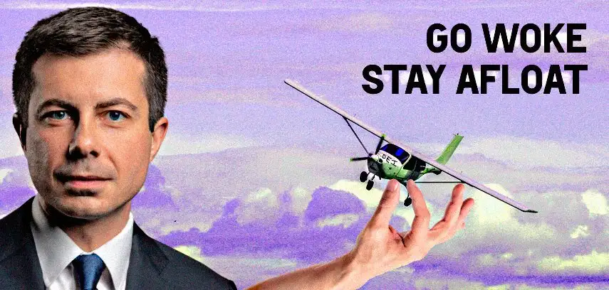 A man in a suit holds a small green airplane against a purple sky background. Large black text reads 'GO WOKE STAY AFLOAT'.