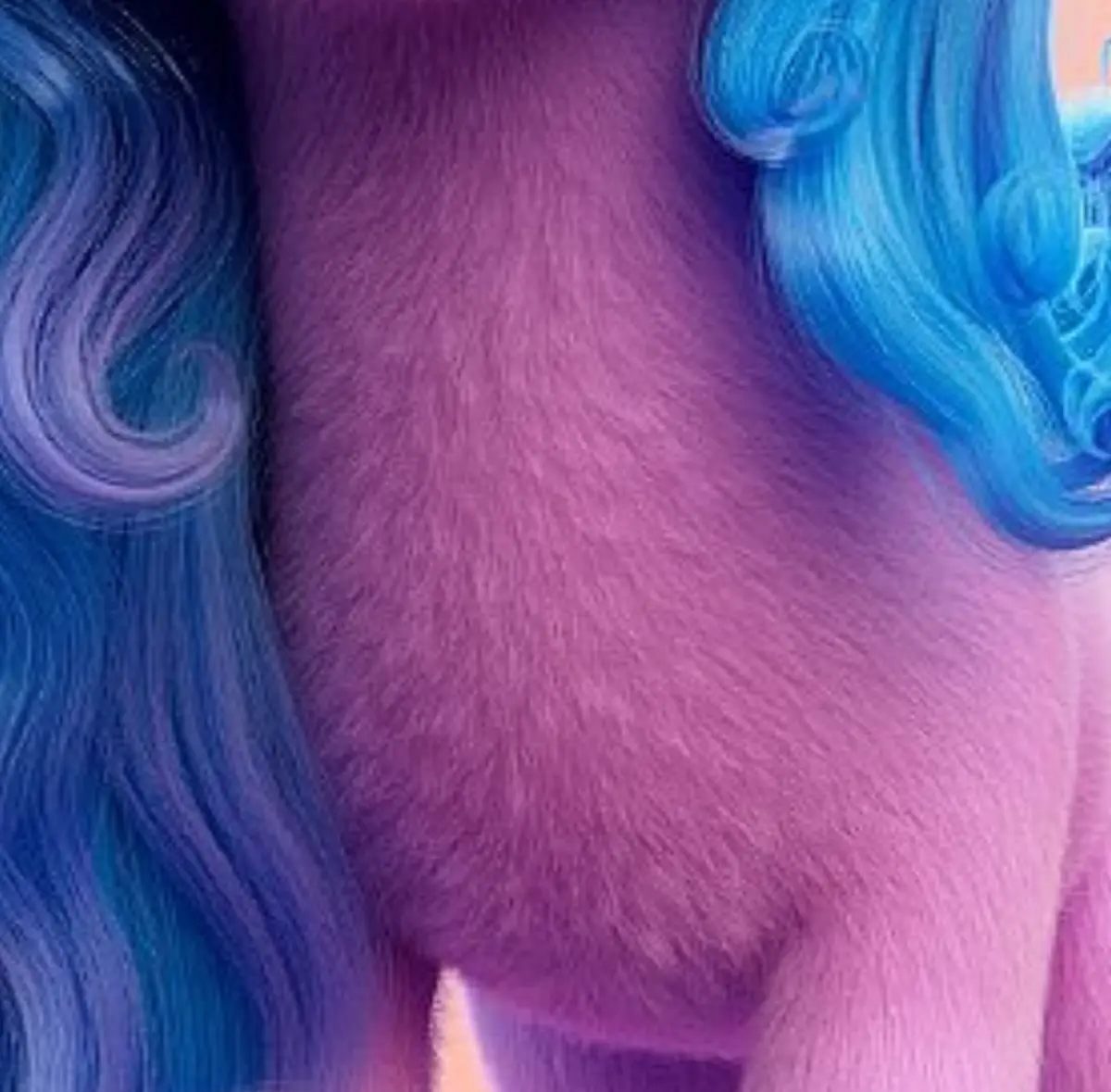 A close-up image shows the back of a pink, furry pony with vibrant blue and purple hair styled in curls. The overlaid text…