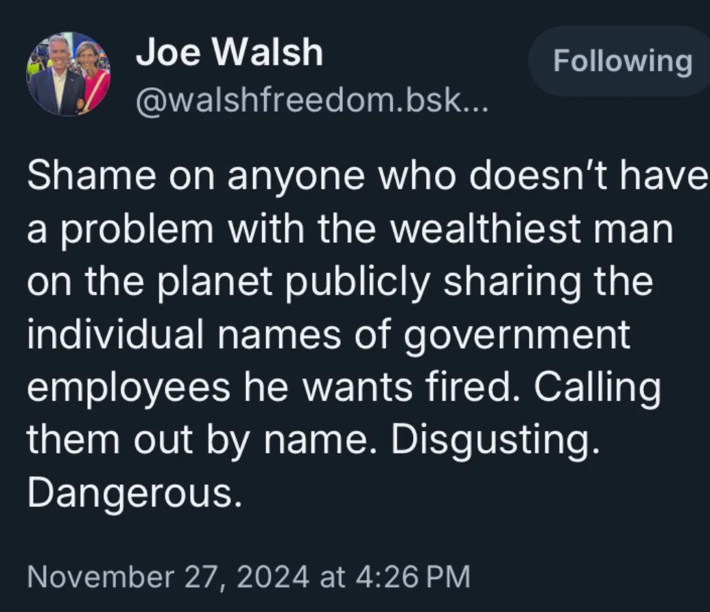 A screenshot of a Twitter post by Joe Walsh, dated November 27, 2024, criticizing the wealthiest man on the planet for…