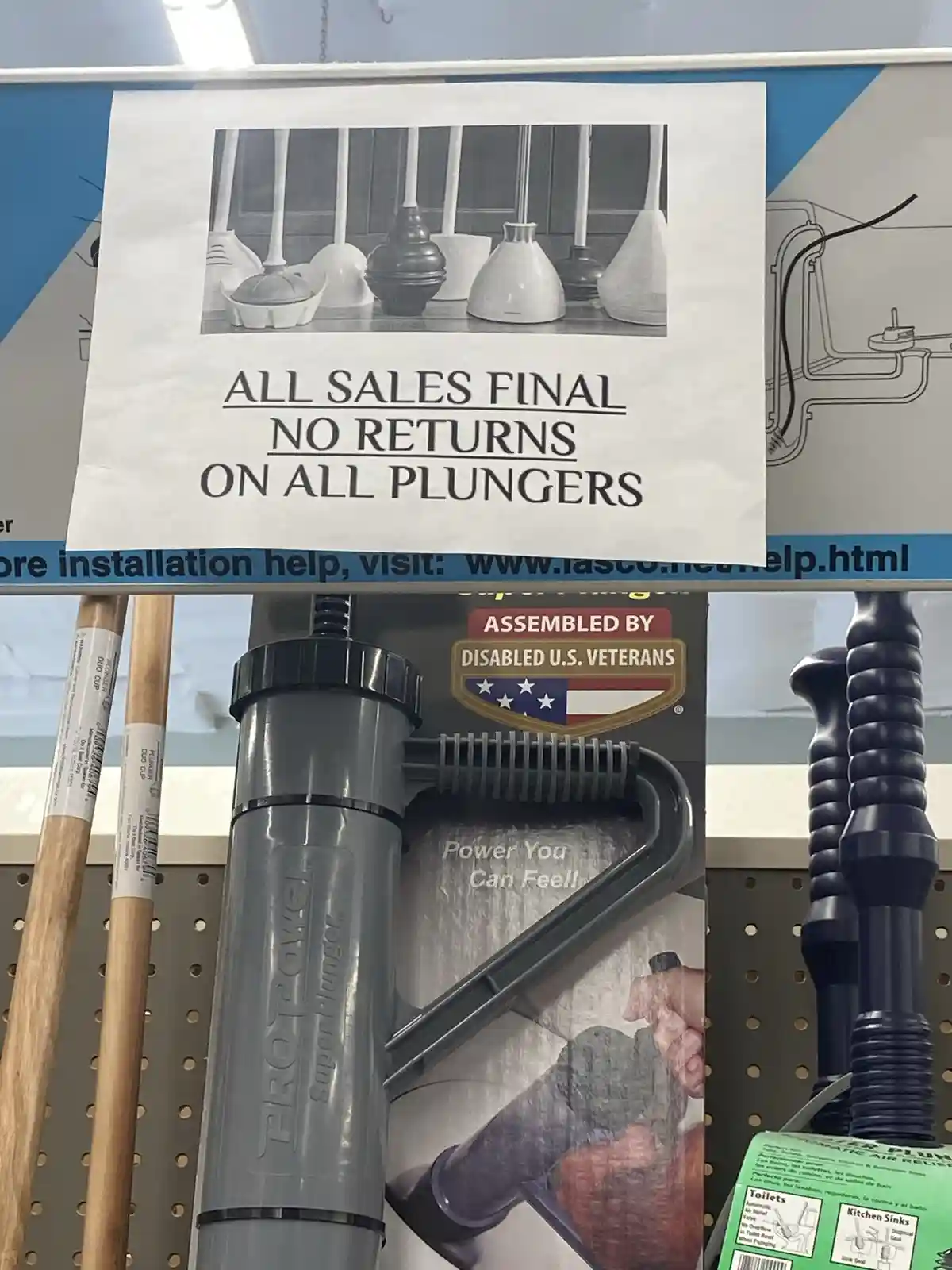 A store shelf displays various plungers, including a gray 'ProPower SuperPlunger' box labeled 'Assembled by Disabled U.S…
