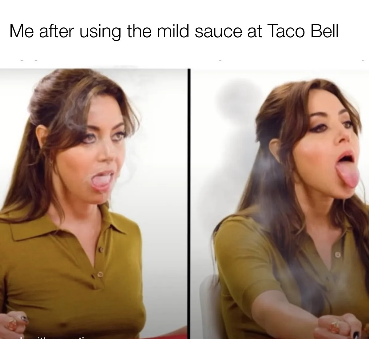 A two-panel image shows a woman in a green shirt with steam visibly rising from her mouth in both panels. In the left panel…