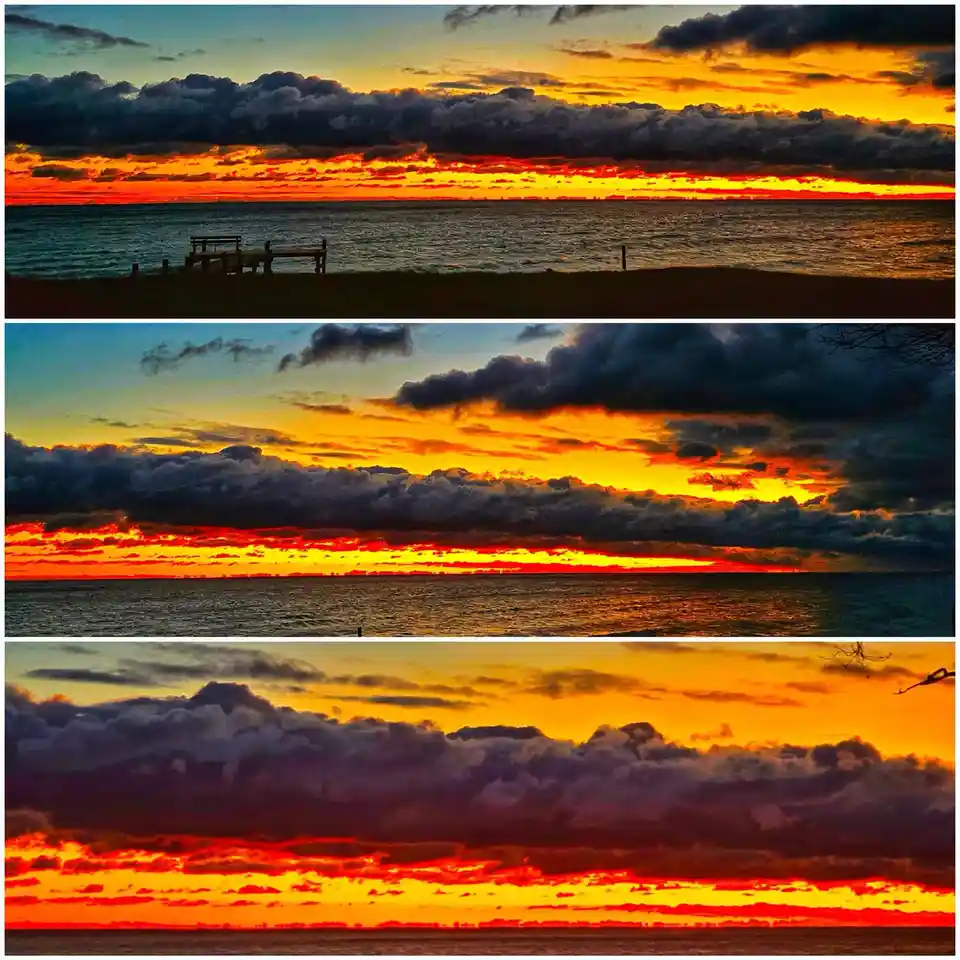 Three vertically stacked images show progressively more intense and fiery sunsets over a body of water, with the top panel…