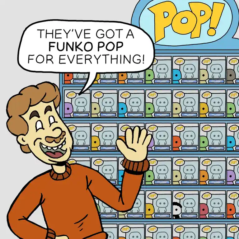 A cartoon man in an orange sweater stands before shelves filled with Funko Pop! vinyl figures, all identical in design but…