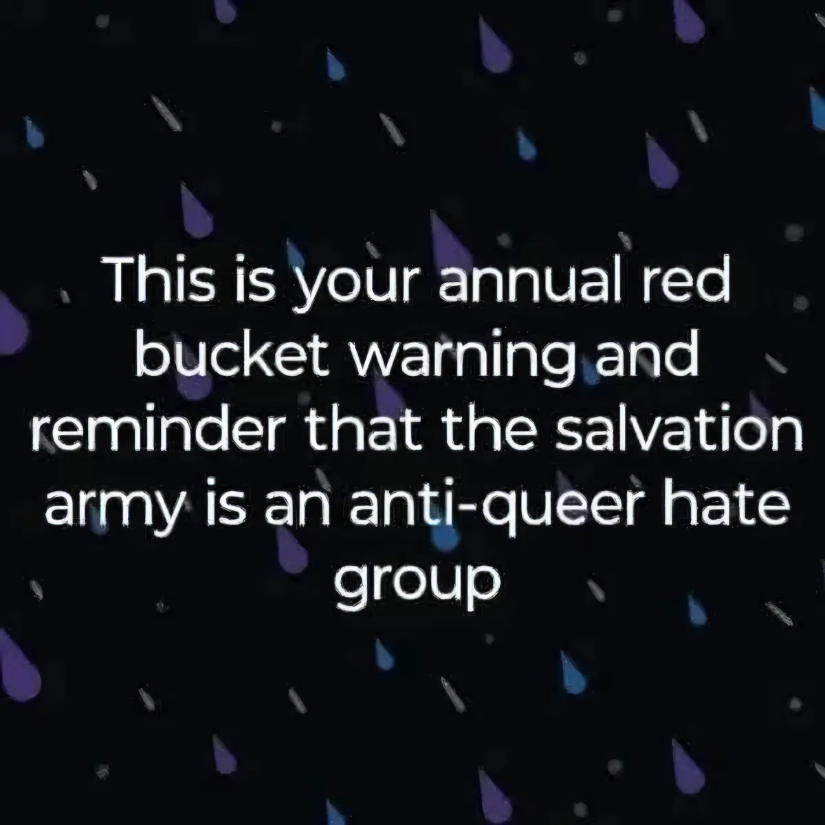 The image displays white text on a black background with scattered purple and blue teardrop-shaped confetti. The text reads…