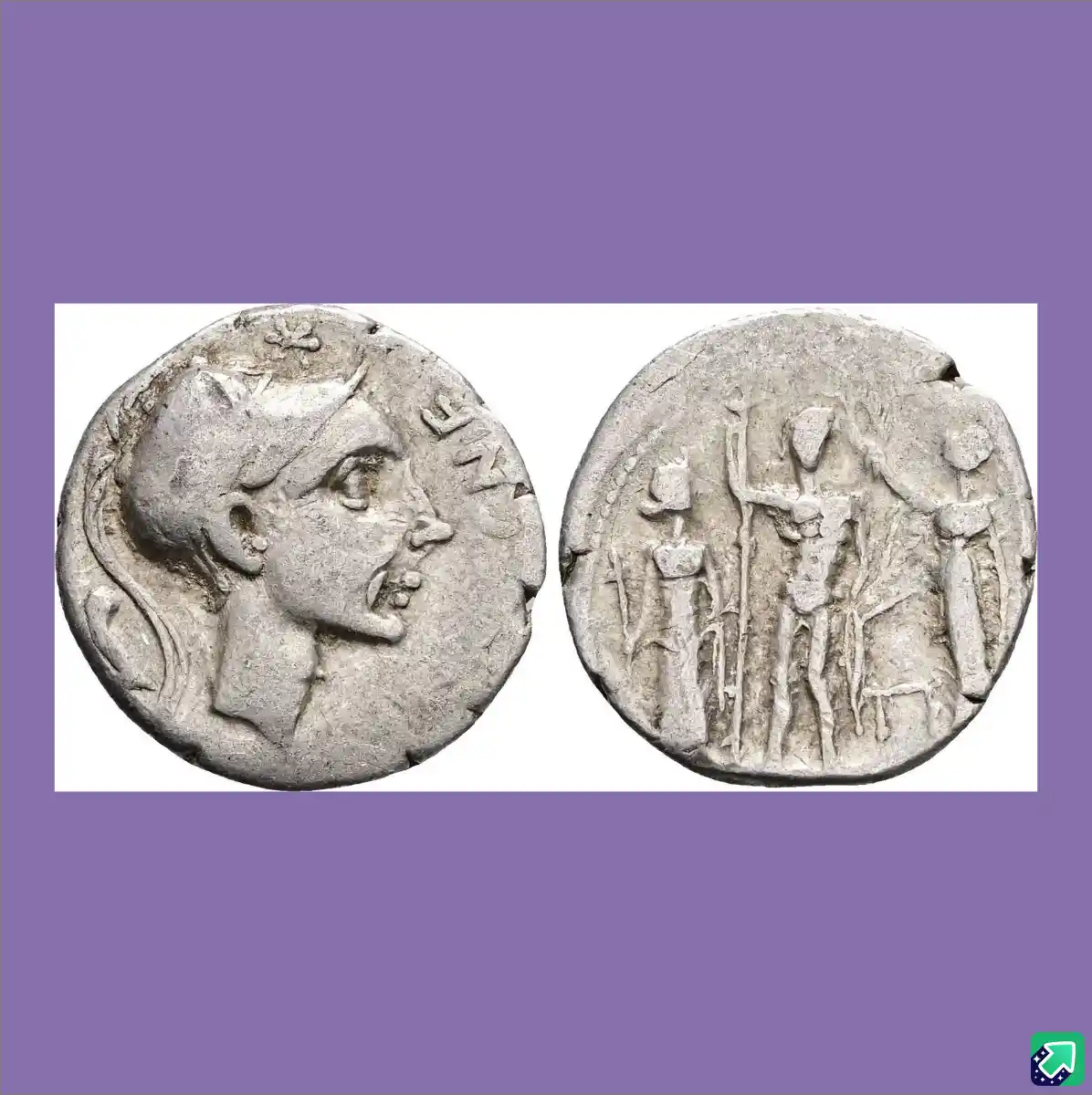The image displays two sides of an ancient silver coin: the obverse shows a profile of a woman's head with a diadem, and the…