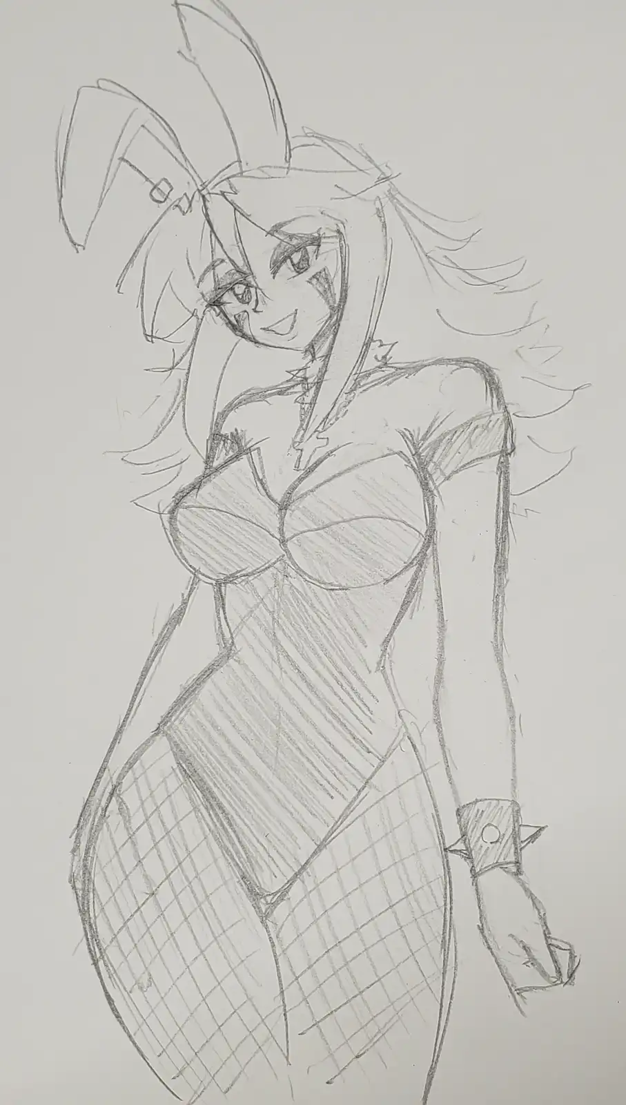 A pencil sketch of an anime-style female character with bunny ears, a revealing outfit, and a confident smirk. The drawing…