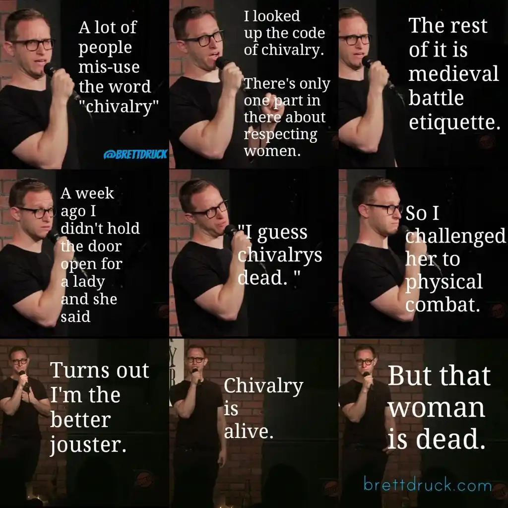 A nine-panel comic strip featuring comedian Brett Druck on stage holding a microphone, telling a joke about chivalry. The…
