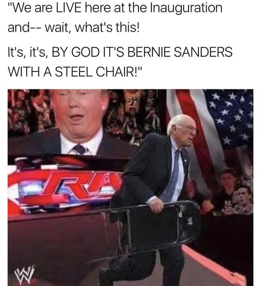 A man in a suit and tie, identified as Bernie Sanders, is shown carrying a steel chair while walking on a stage. Behind him…