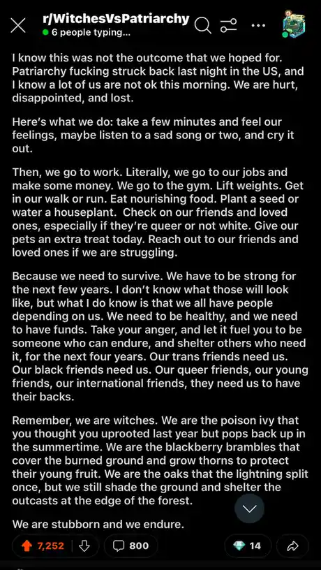 The image displays a Reddit post from r/WitchesVsPatriarchy with white text on a black background. The post is a message of…