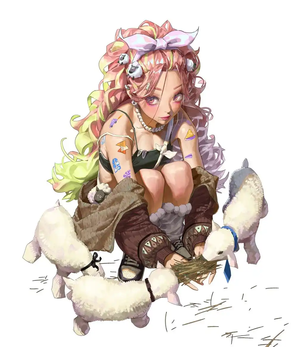 An anime-style girl with long, colorful hair adorned with small sheep clips sits cross-legged, feeding hay to three fluffy…