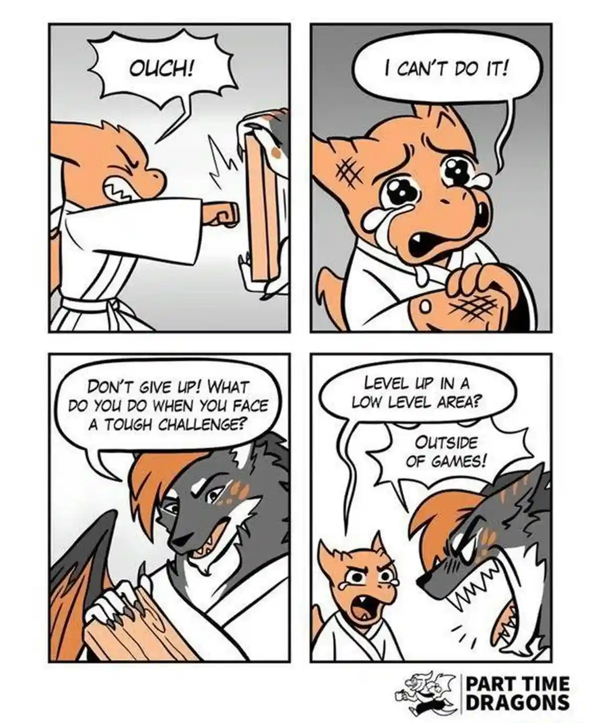 A four-panel comic strip featuring anthropomorphic animal characters in martial arts uniforms. In the first panel, a small…