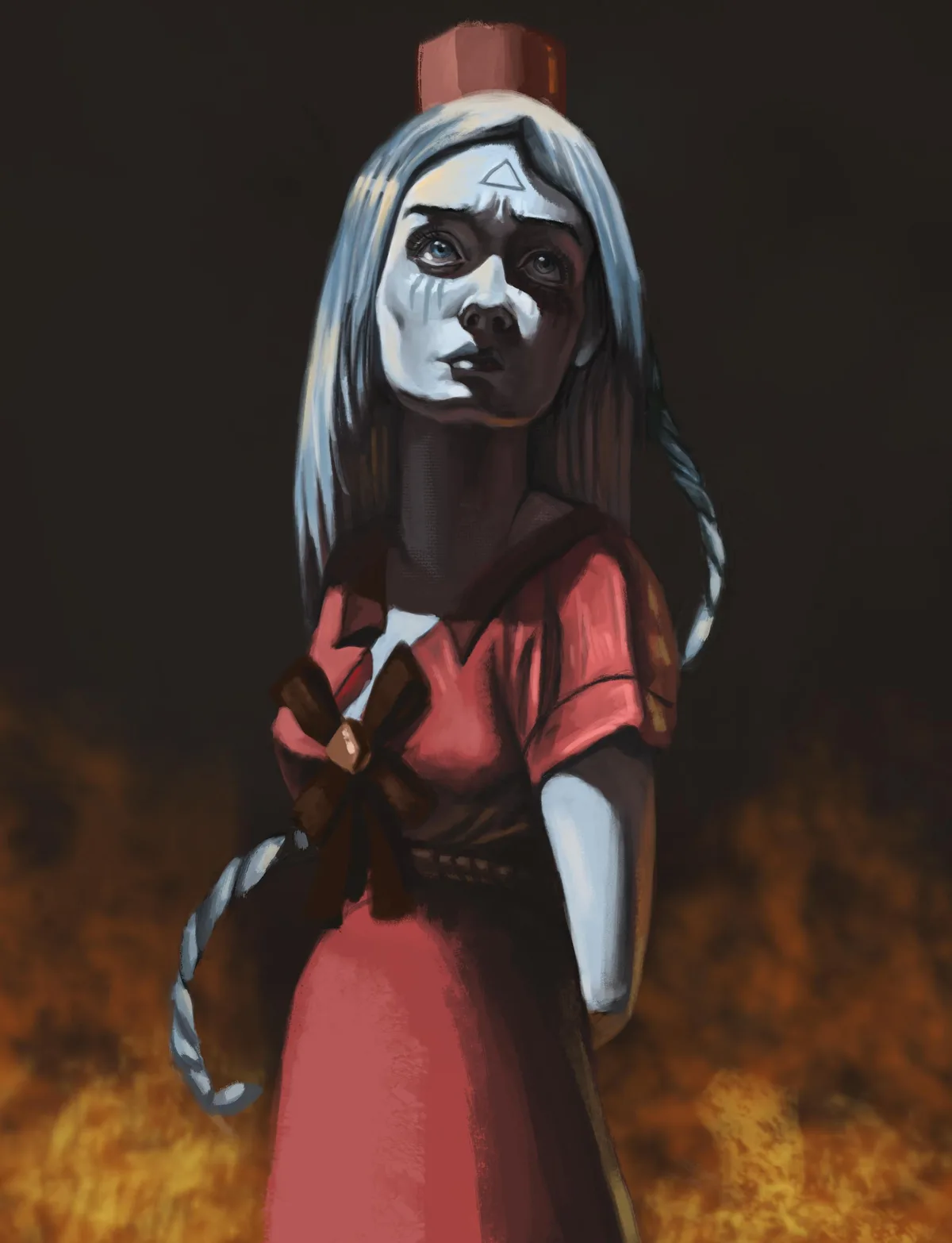 A digitally painted image shows a young girl with pale, painted white face, dark smudges under her eyes, and a small…