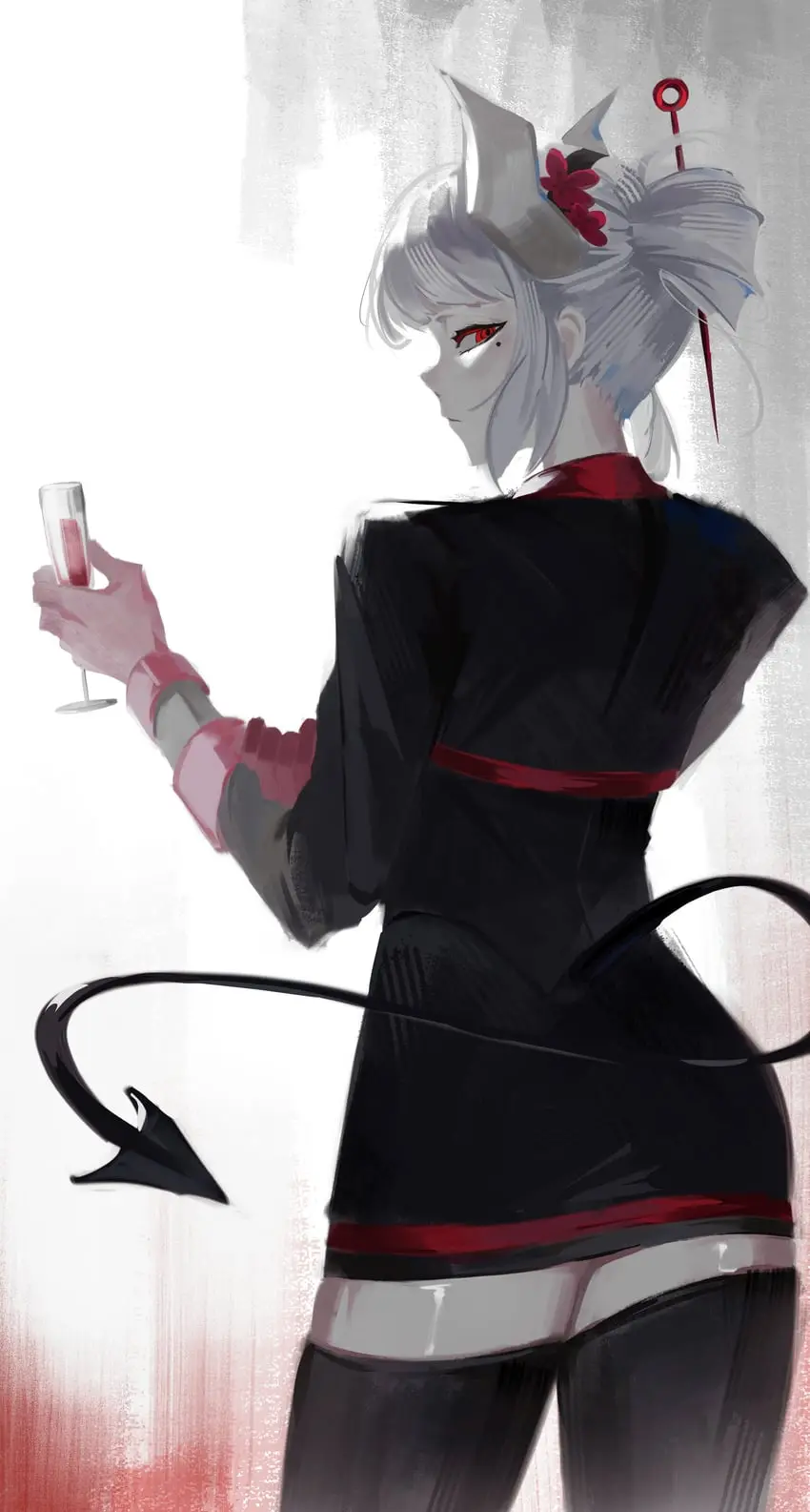 An anime-style illustration of a woman with silver hair, red eyes, and a black devil's tail, wearing a black outfit with red…