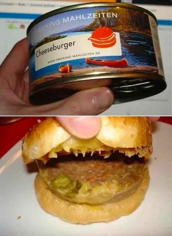 A hand holds a can labeled 'TREKKING MAHLZEITEN Cheeseburger' with a scenic lake and canoe image, juxtaposed with a close-up…