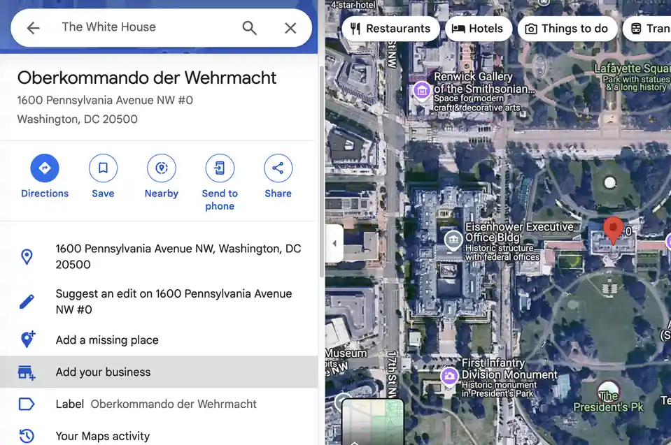 A Google Maps screenshot shows a search for 'The White House' but the location listed is 'Oberkommando der Wehrmacht' at…