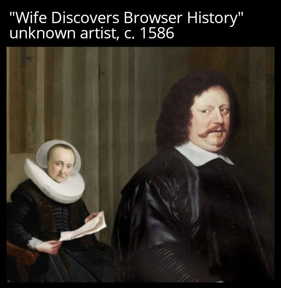 A 16th-century portrait shows a woman in a white ruff collar holding a scroll, looking at a man in a black robe with a…