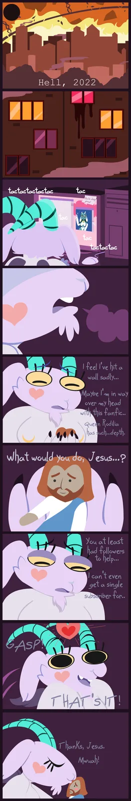 A comic strip depicts a purple goat-like character in hell, 2022, struggling with a fanfic about Queen Rodilia, feeling…