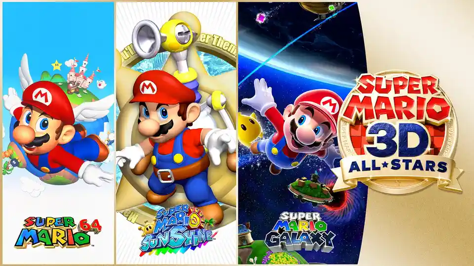 The image displays three side-by-side promotional artworks for Super Mario games: Super Mario 64, Super Mario Sunshine, and…