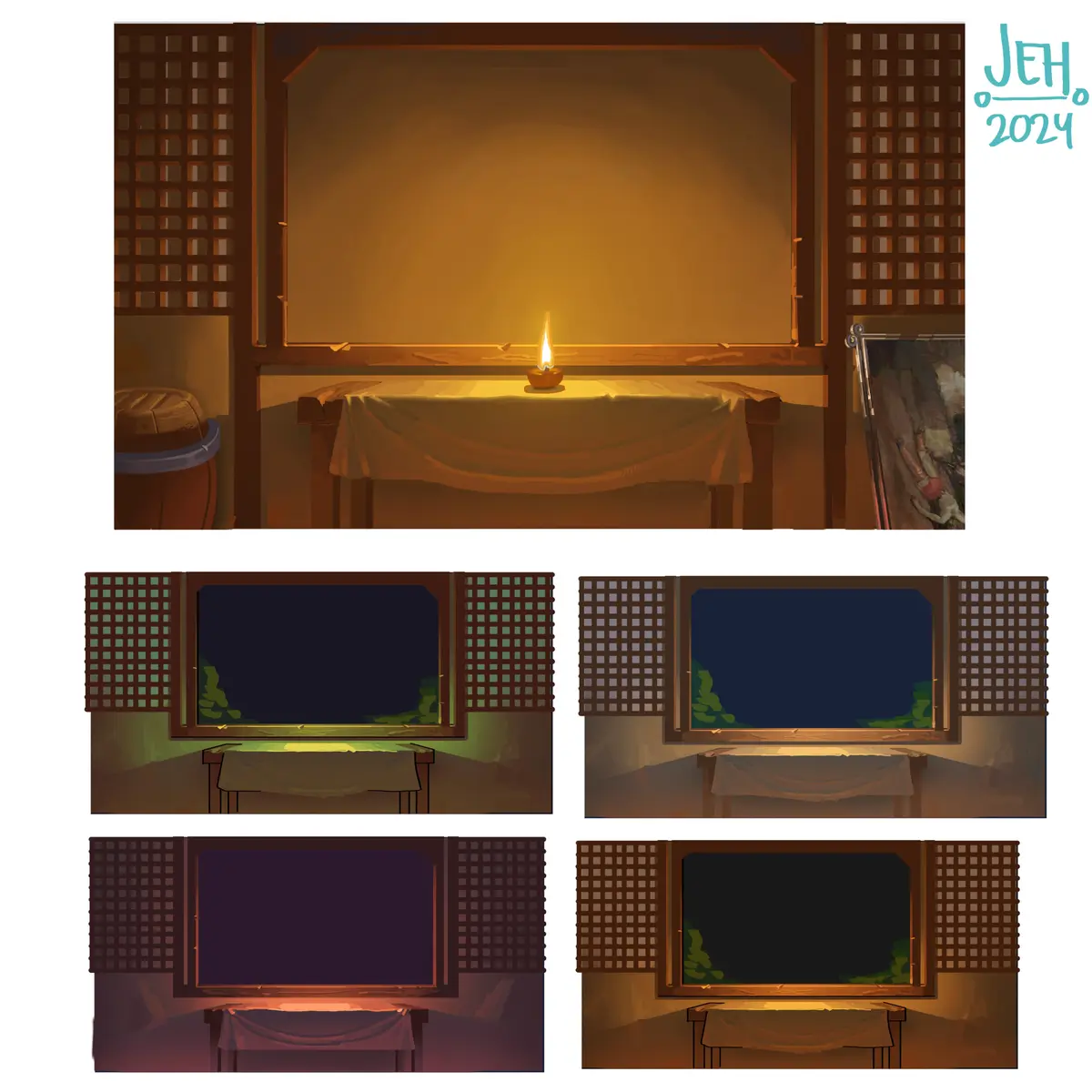 A digital illustration shows a candle on a table in front of a window, with four smaller panels below depicting the same…