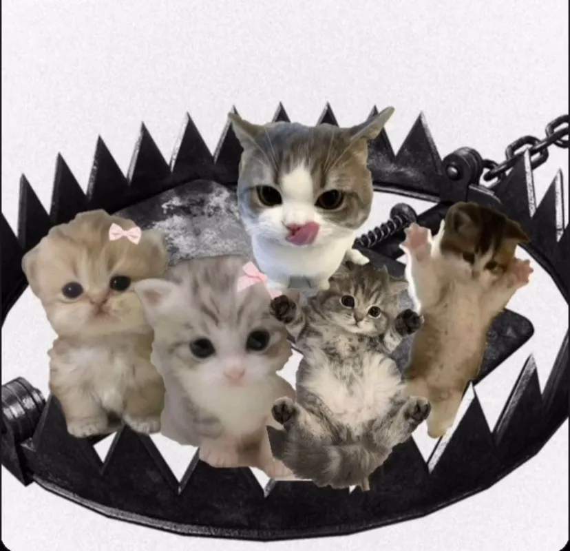 A group of five adorable, fluffy kittens with big eyes are arranged inside a black, open-mouthed bear trap. One central cat…