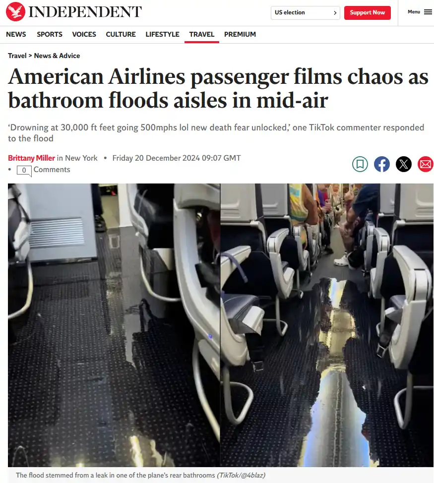 A split-screen image from an airplane shows a flooded aisle with water reflecting overhead lights, surrounded by passenger…