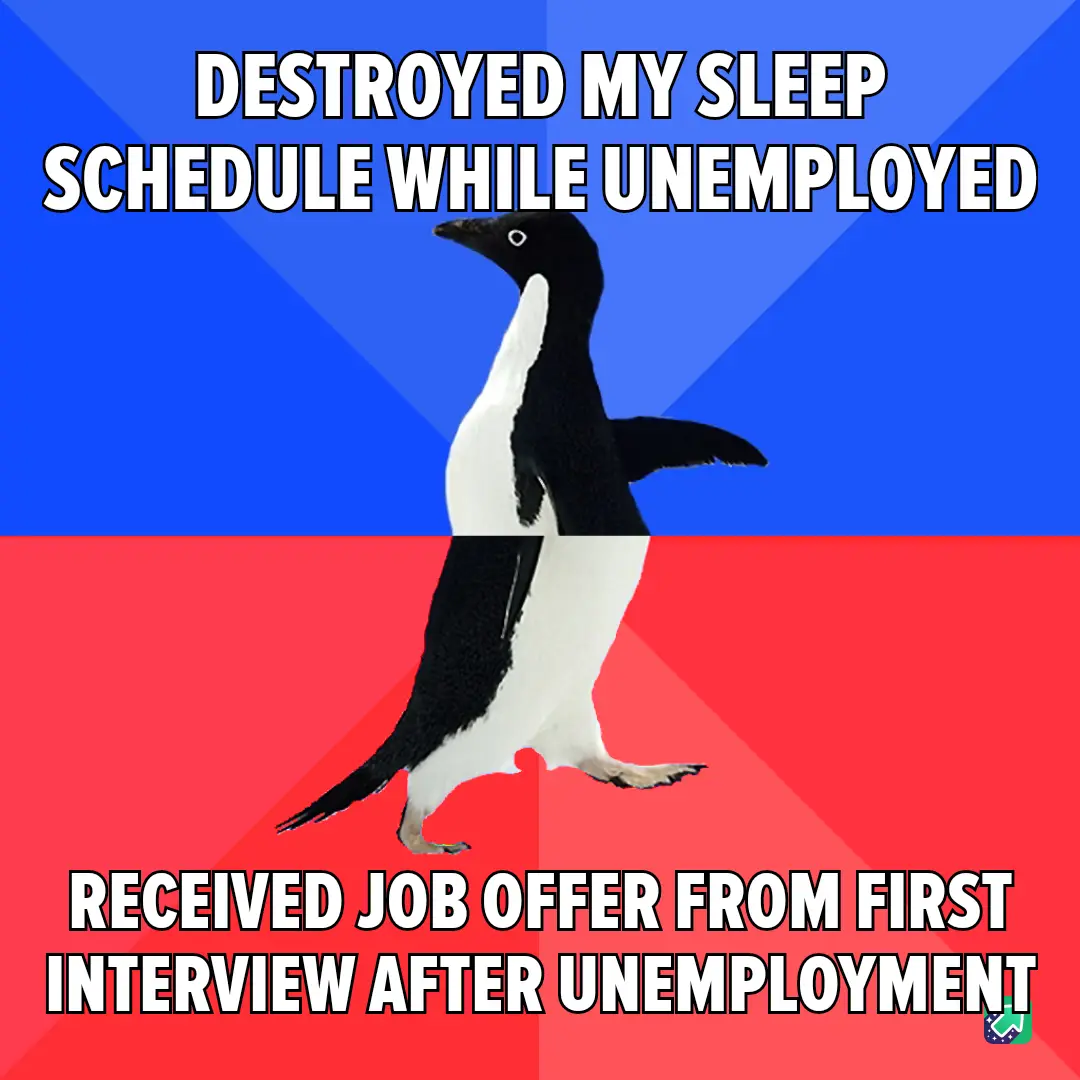 A penguin stands centered against a blue and red background, split horizontally. The top half reads 'DESTROYED MY SLEEP…