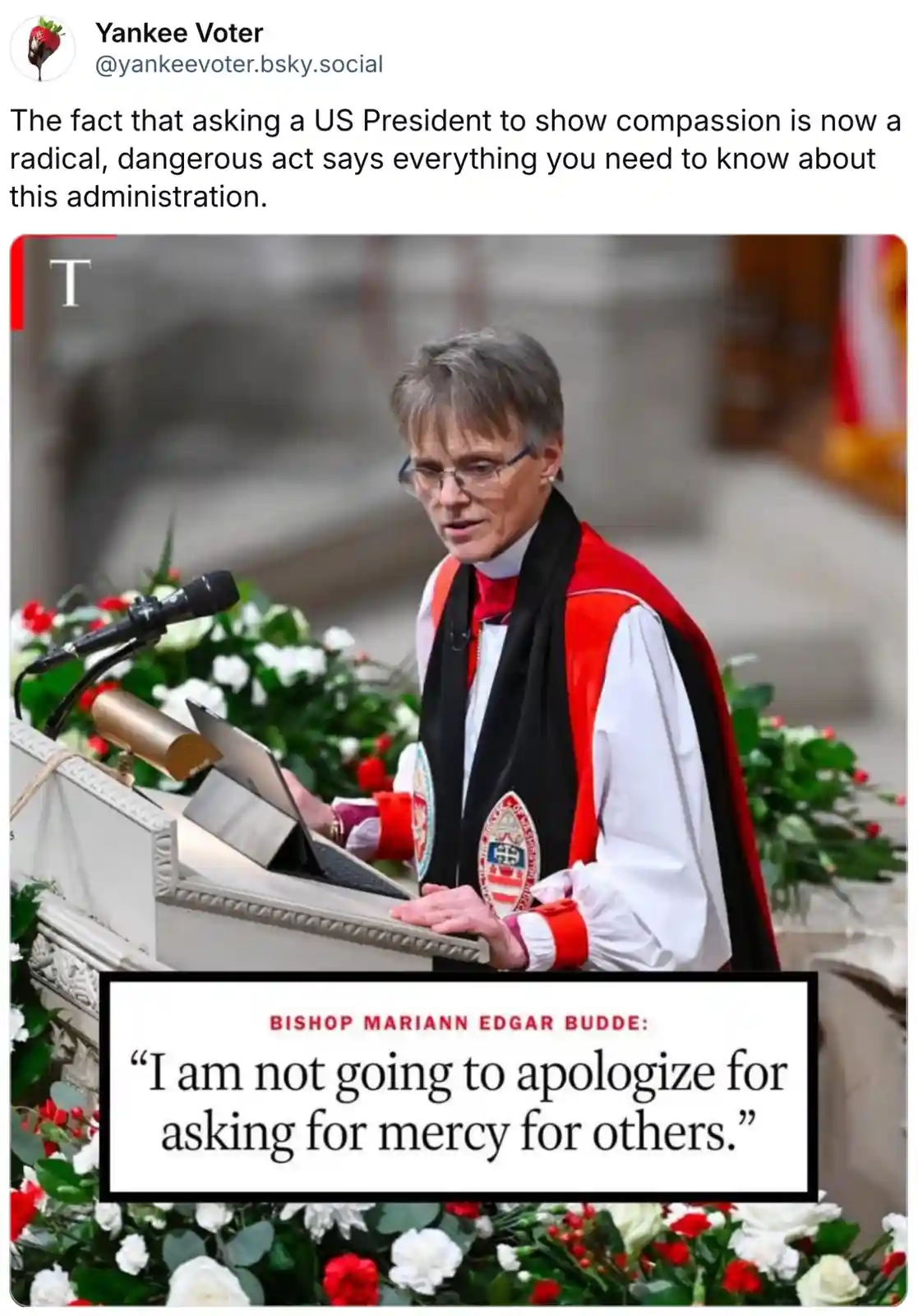 A woman in religious vestments stands at a podium with flowers and a microphone, overlaid with a quote attributed to Bishop…
