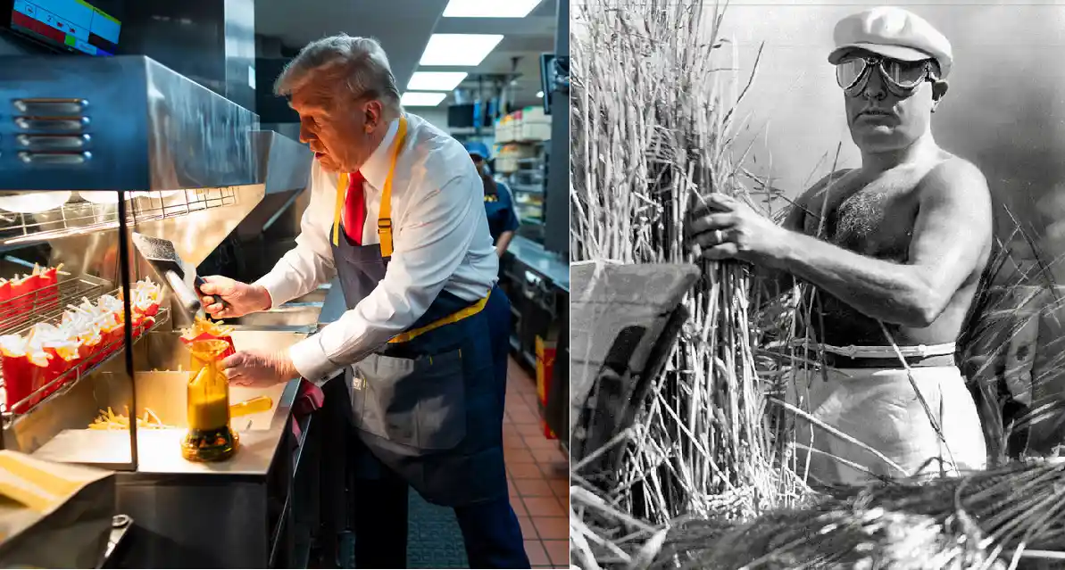 The image is a side-by-side split: on the left, Donald Trump in a fast-food kitchen wearing an apron and pouring sauce onto…