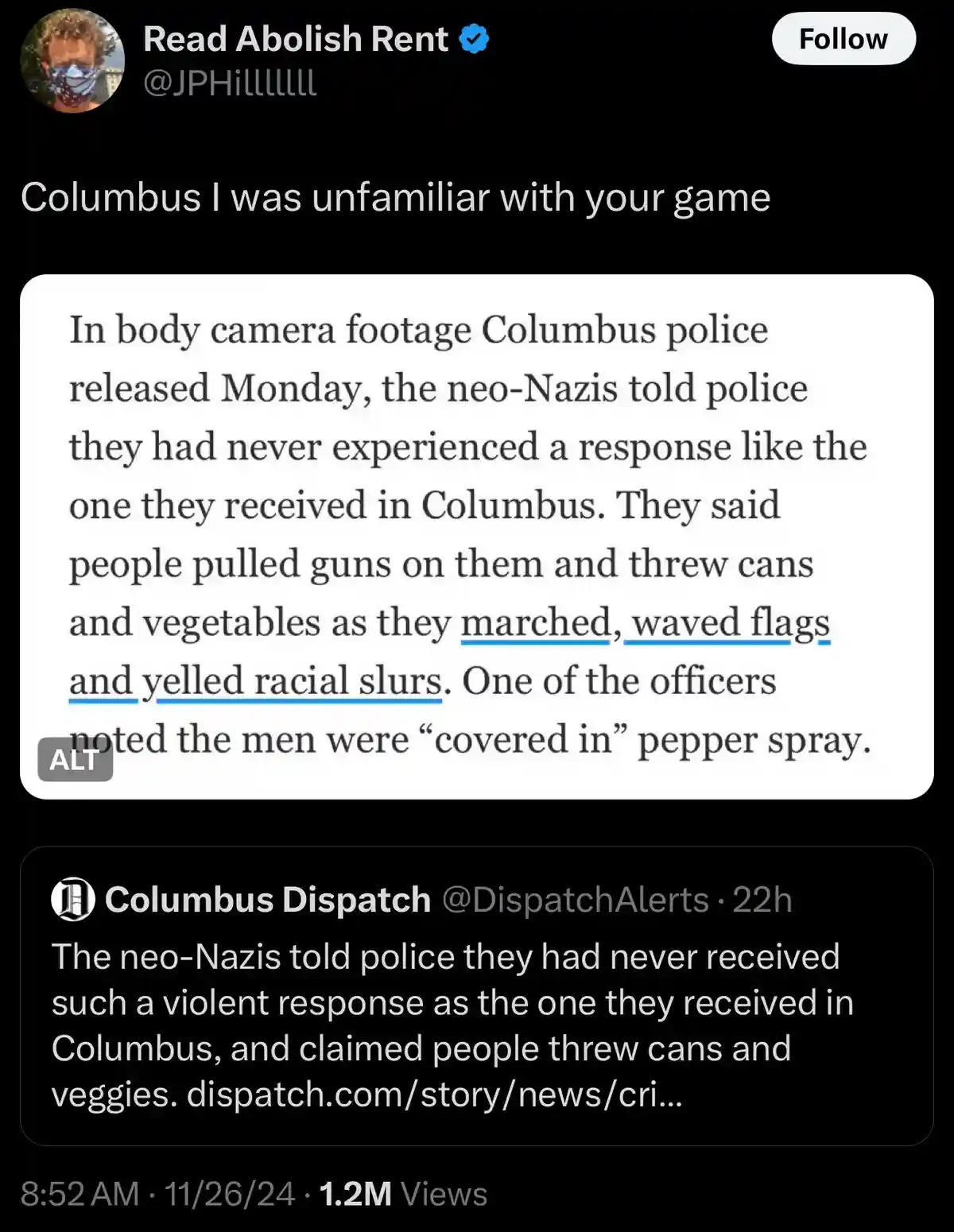 A screenshot of a Twitter post by 'Read Abolish Rent' showing a news article about neo-Nazis in Columbus being overwhelmed…