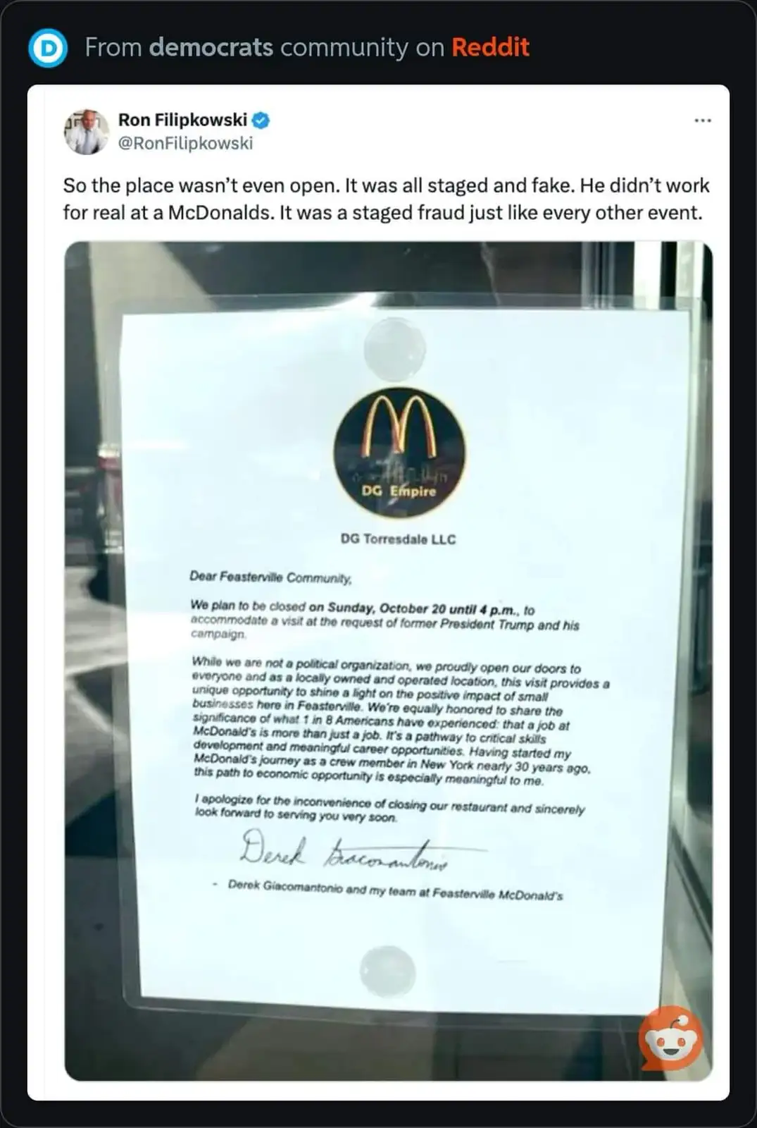 A photo of a McDonald's closure notice posted on a window, which falsely claims to be from 'DG Empire' and 'DG Torresdale…