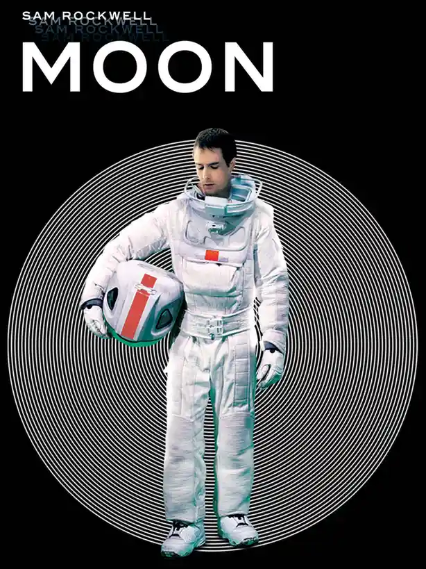 The image is a movie poster for the film 'Moon' starring Sam Rockwell. It features a man in a white astronaut suit holding…