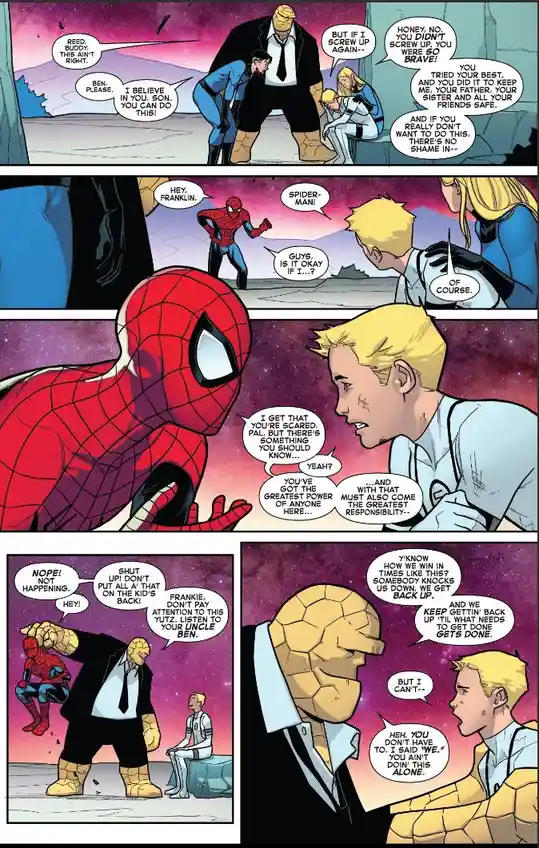 A comic book panel sequence featuring Spider-Man and Franklin Richards, with the Fantastic Four (Mr. Fantastic, Invisible…