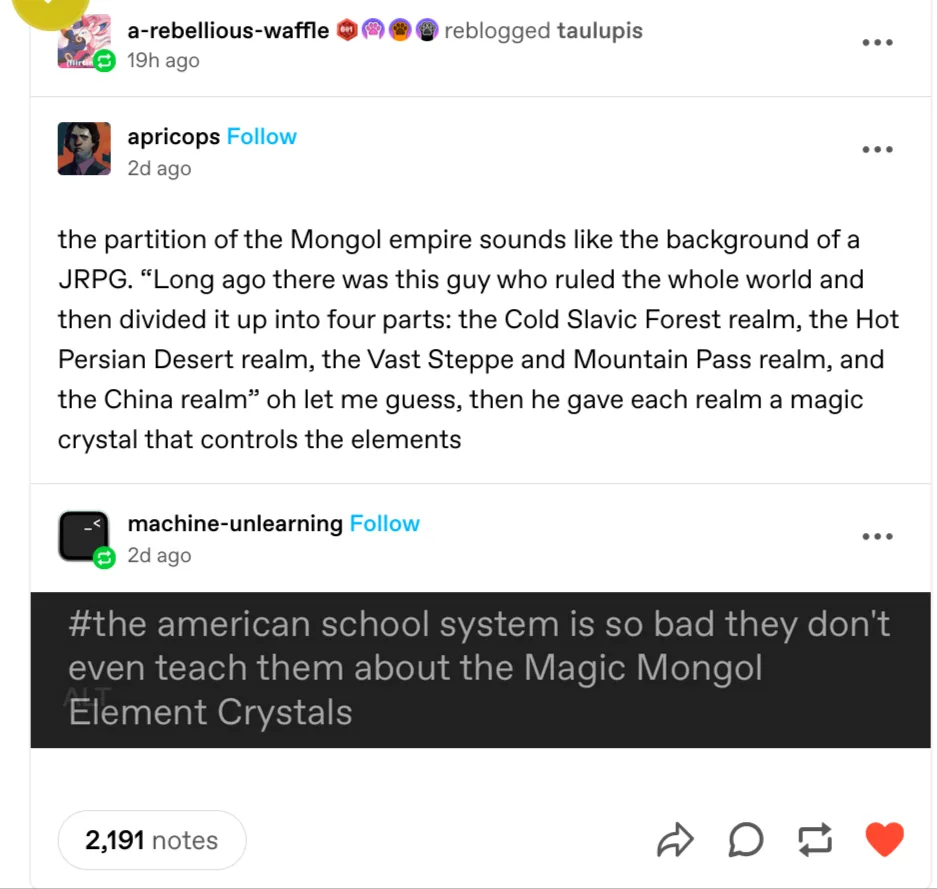 A screenshot of a Tumblr post showing a comment thread. One user describes the partition of the Mongol Empire as sounding…