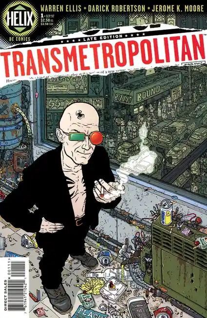 The image is the cover of the comic book 'Transmetropolitan' issue #1, featuring a bald man with a spider tattoo on his…