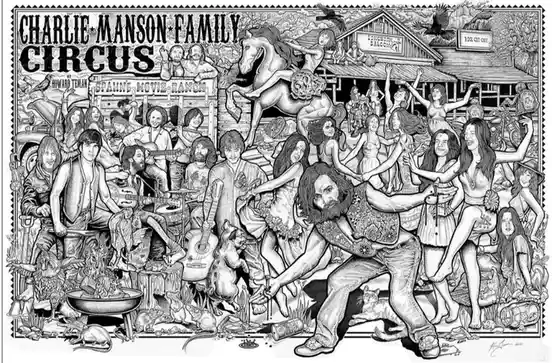 A detailed black-and-white illustration depicts a chaotic, crowded scene labeled 'CHARLIE MANSON FAMILY CIRCUS' at the top…