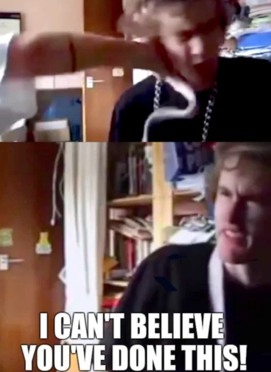 The image is a two-panel meme featuring a man in a cluttered room. In the top panel, he is holding a snake and appears to be…