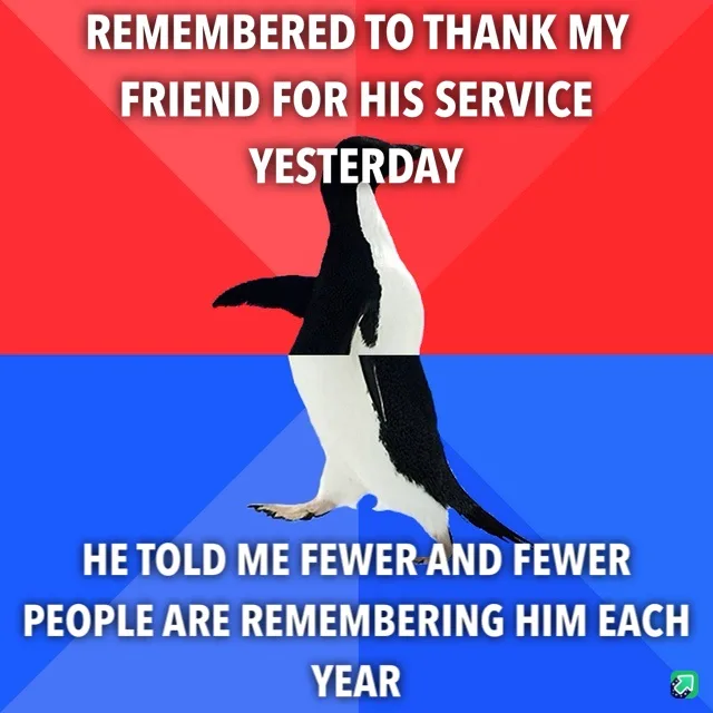 A penguin stands upright against a red and blue background, with white text overlaid in two sections. The top text reads…